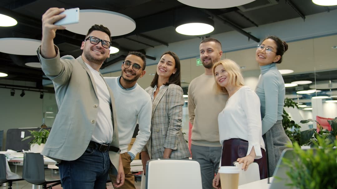 Team collaborating in a modern tech office