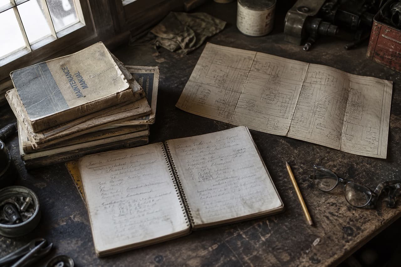 Well-used service manuals and handwritten engineering notes spread across a workshop bench