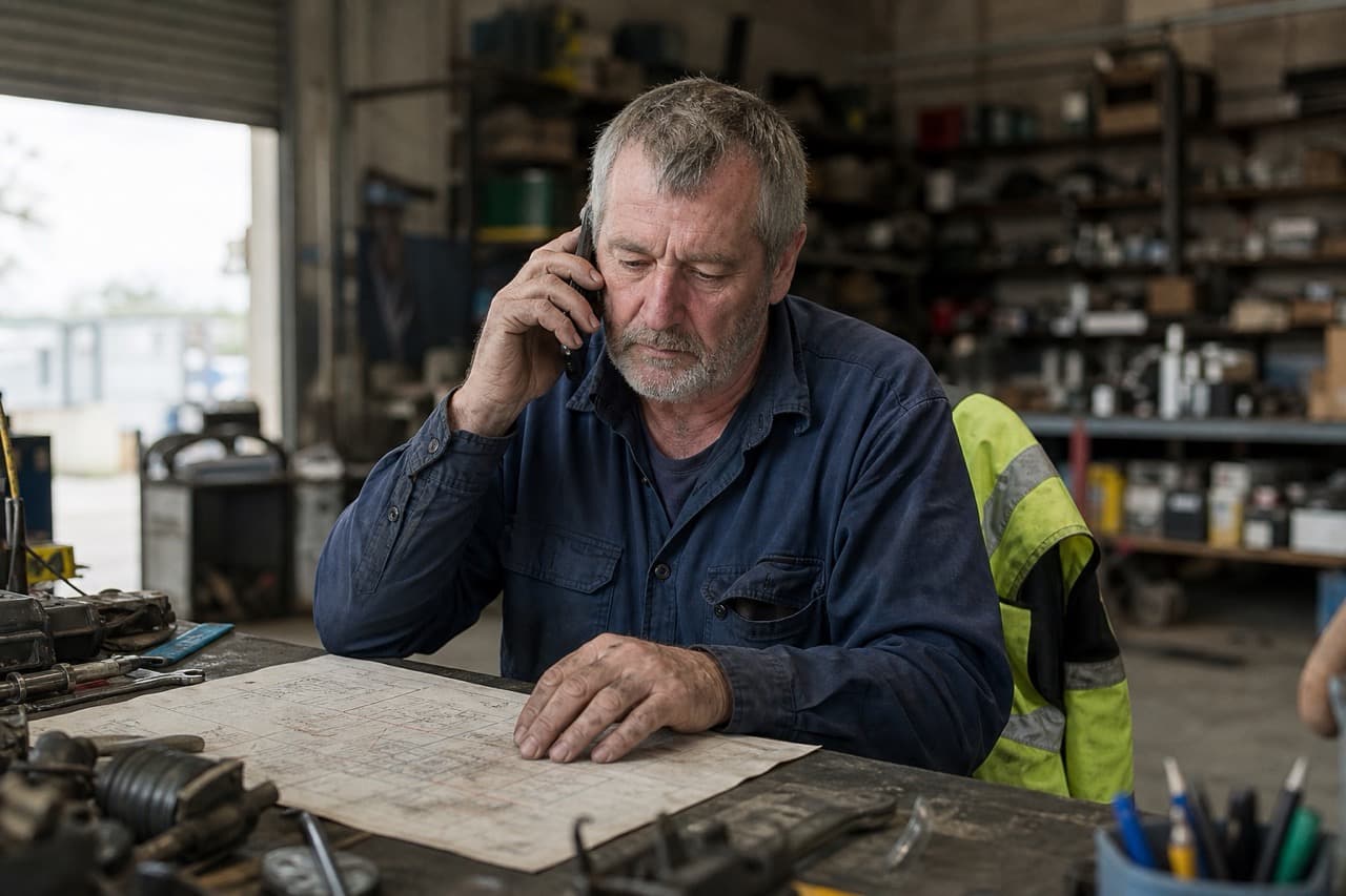Veteran engineer taking a technical-support call at a workshop bench surrounded by equipment